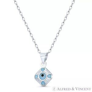 Tiny Evil Eye Charm Glass Bead Pendant in .925 Sterling Silver - Solid Baby Blue